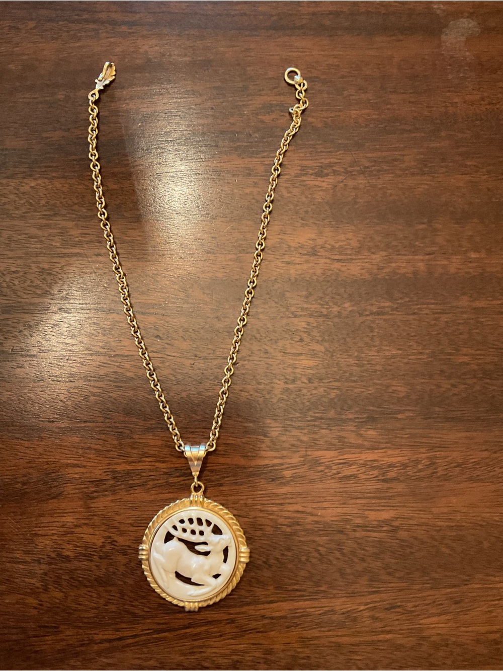 Gold-Tone Necklace with White Carved Round Pendant